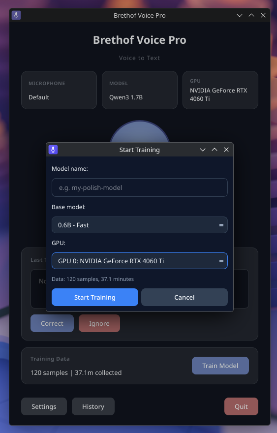 Model training dialog